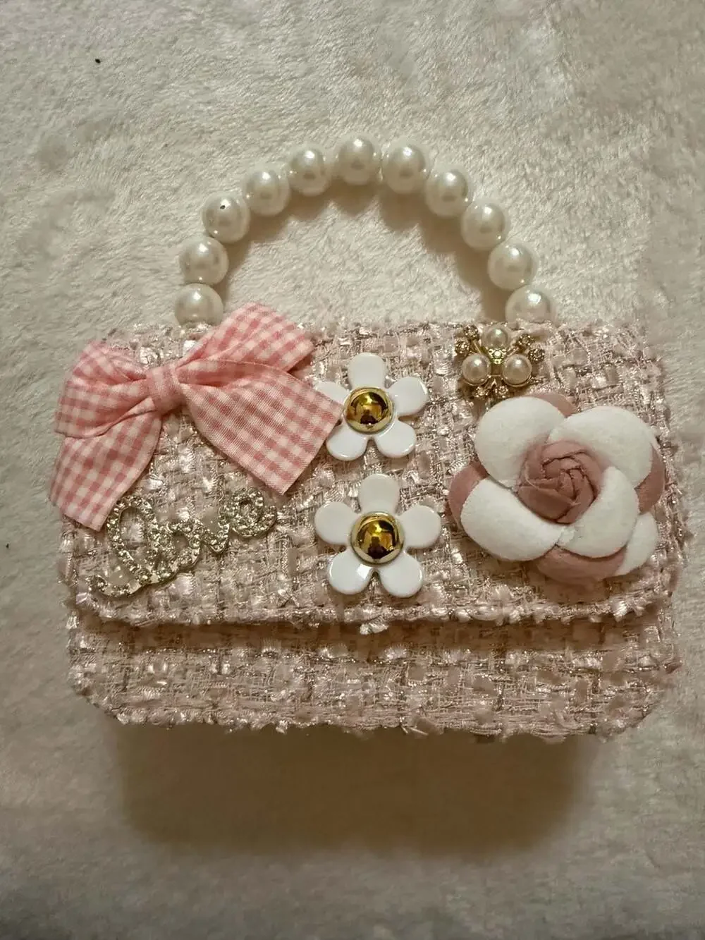 Unbranded Kids Princess Crossbody Purse Pink Tweed Handbag with Pearl Handle